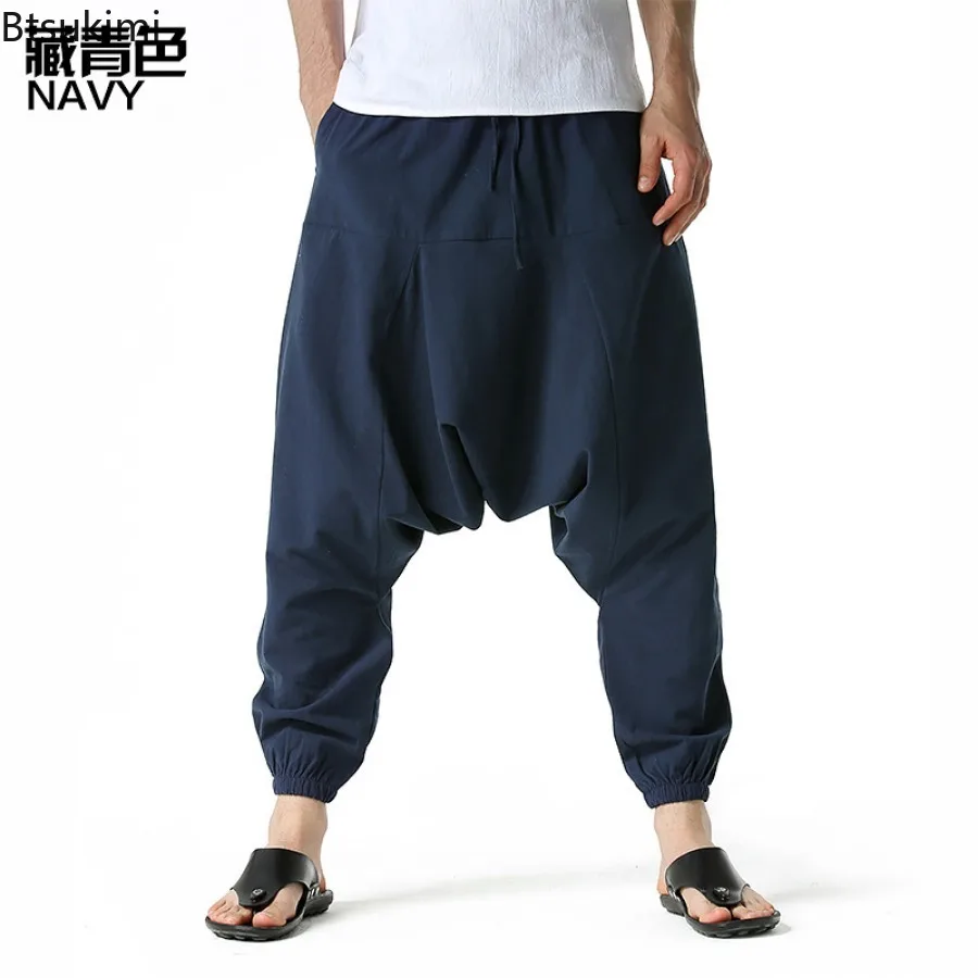 Pantalones cruzados elásticos con bolsillo grande para hombre, pantalones bombachos informales holgados, cómodos, para Yoga y el hogar, primavera y verano, 2024