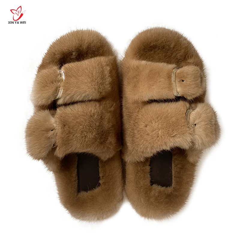 

New Fashion Fur Mink Slippers Winter Open Toe Warm Fur Slippers Soft Sole Slides Men Women Outdoor Flat Non-slip Shoes Women