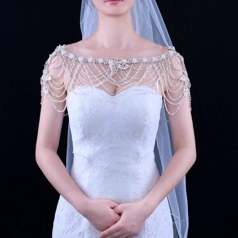 Imitation Pearl Body Statement Necklace for Rhinestone Crystal Beading Chain Bib Collar Wedding Bride Shoulder Shawl Wra