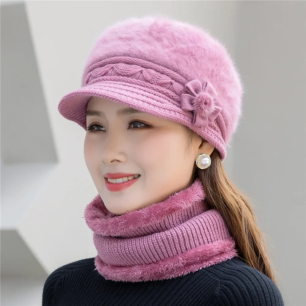 Hot Women Winter Hat Keep Warm Cap Add Fur Lined Hat And Scarf Set Warm Hats For Female Casual Rabbit Fur Winter Knitted Hat