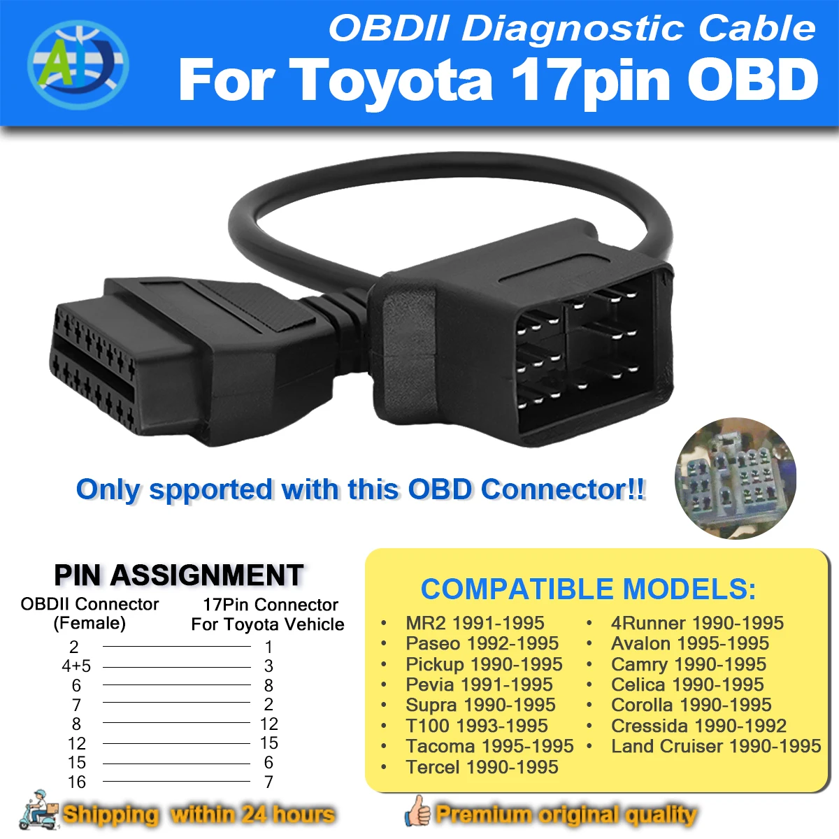 

For Toyota 17Pin OBD Connector OBD2 Diagnostic Cable 17 Pin to 16 Pin OBD1 OBD2 Adapter for OBD2 Interface Scan Diagnostic Tools