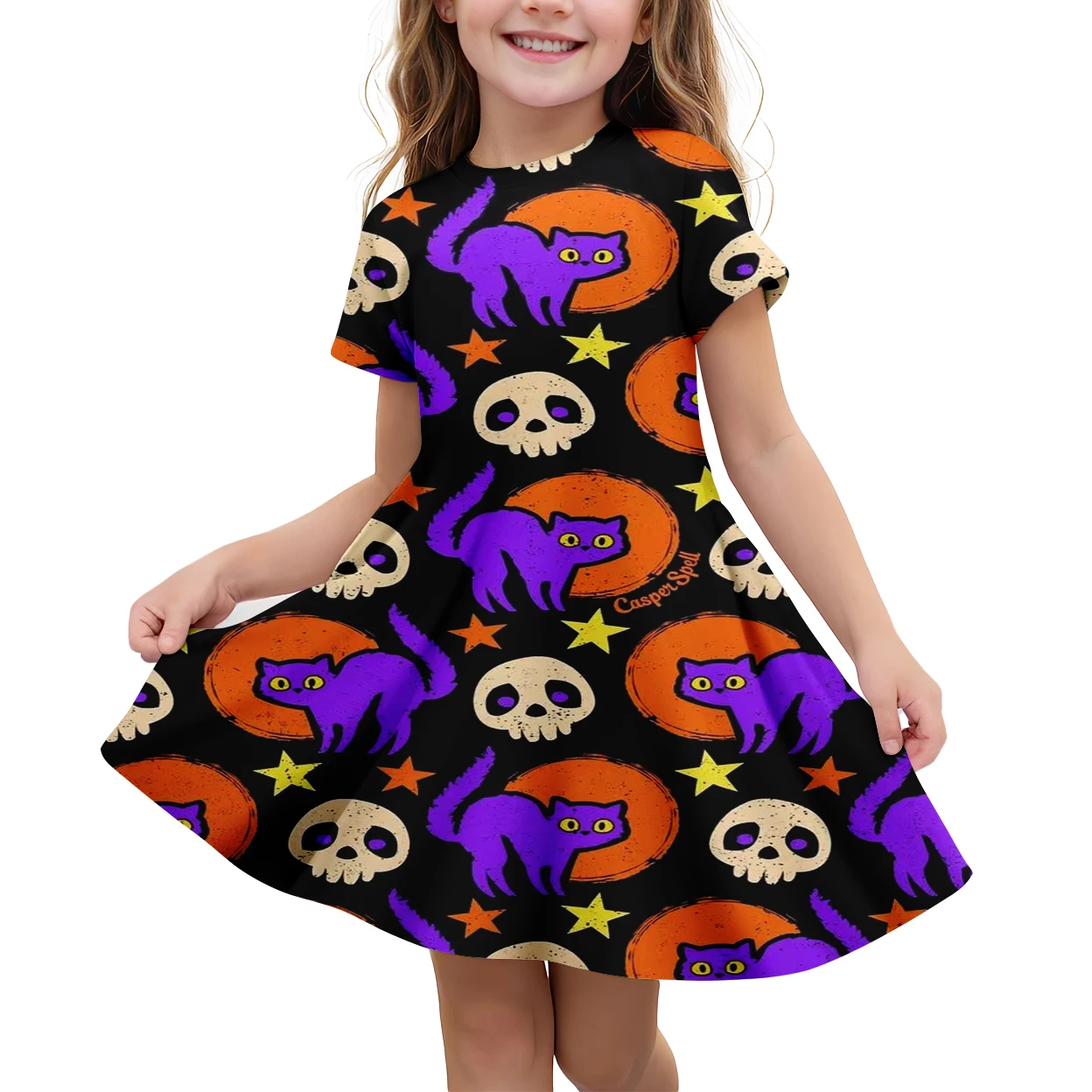 Europa e America Party Children Dresses Girls da 9 a 10 anni manica corta girocollo ragazza 12 14 arancione Halloween Cute Cat Dress