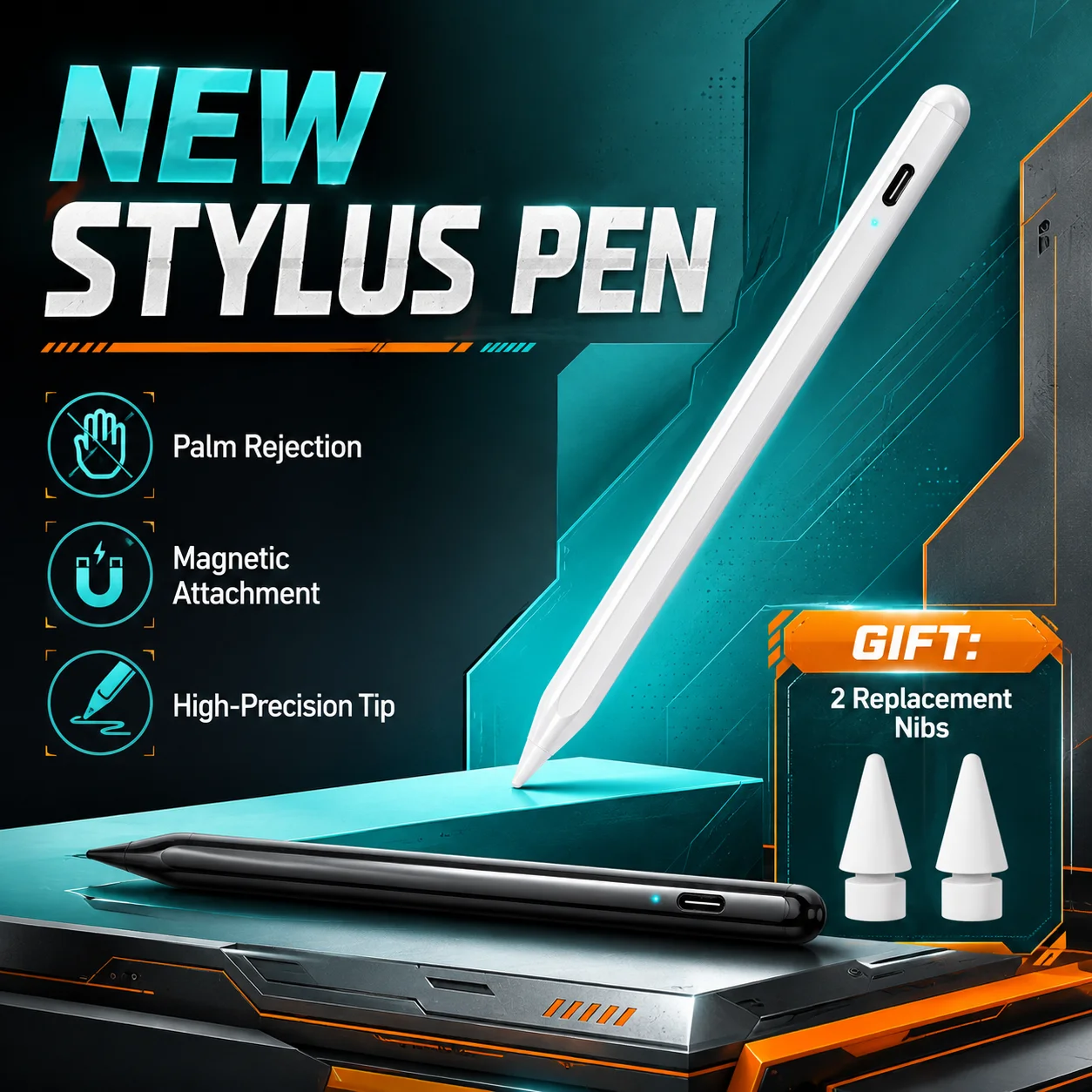 1-Light Tablet Stylus Pen for iOS, Palm Rejection & Anti-Mistouch, Tilt Recognition Pencil for Note Taking