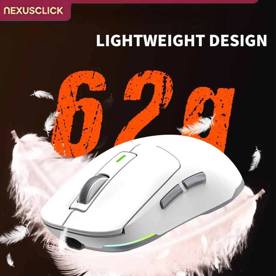 NexusClick GW24 Tri‑Mode 62g Ultra‑Lightweight Wireless Mouse,PAW3104 Sensor,8000DPI 45IPS 15G,RGB Backlight E‑sports Work Mice