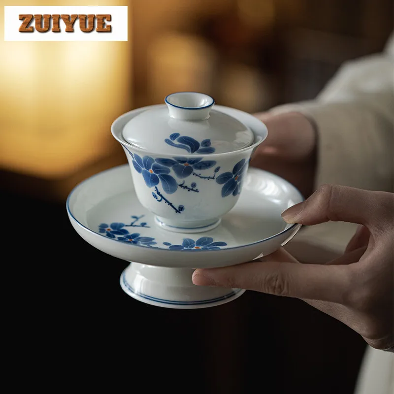 100ml Jade Mud Handmade Cover Bowl Handpainted Magnolia Gaiwan Creative Anti Scald Tea Tureen Tea Brewing Tea Ceremony Ornaments