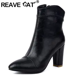 REAVE CAT Classic Women Ankle Boots Pointed Toe Chunky Heels 8.5cm Big Size 45 46 47 Office Ladies Splice Dating Booties