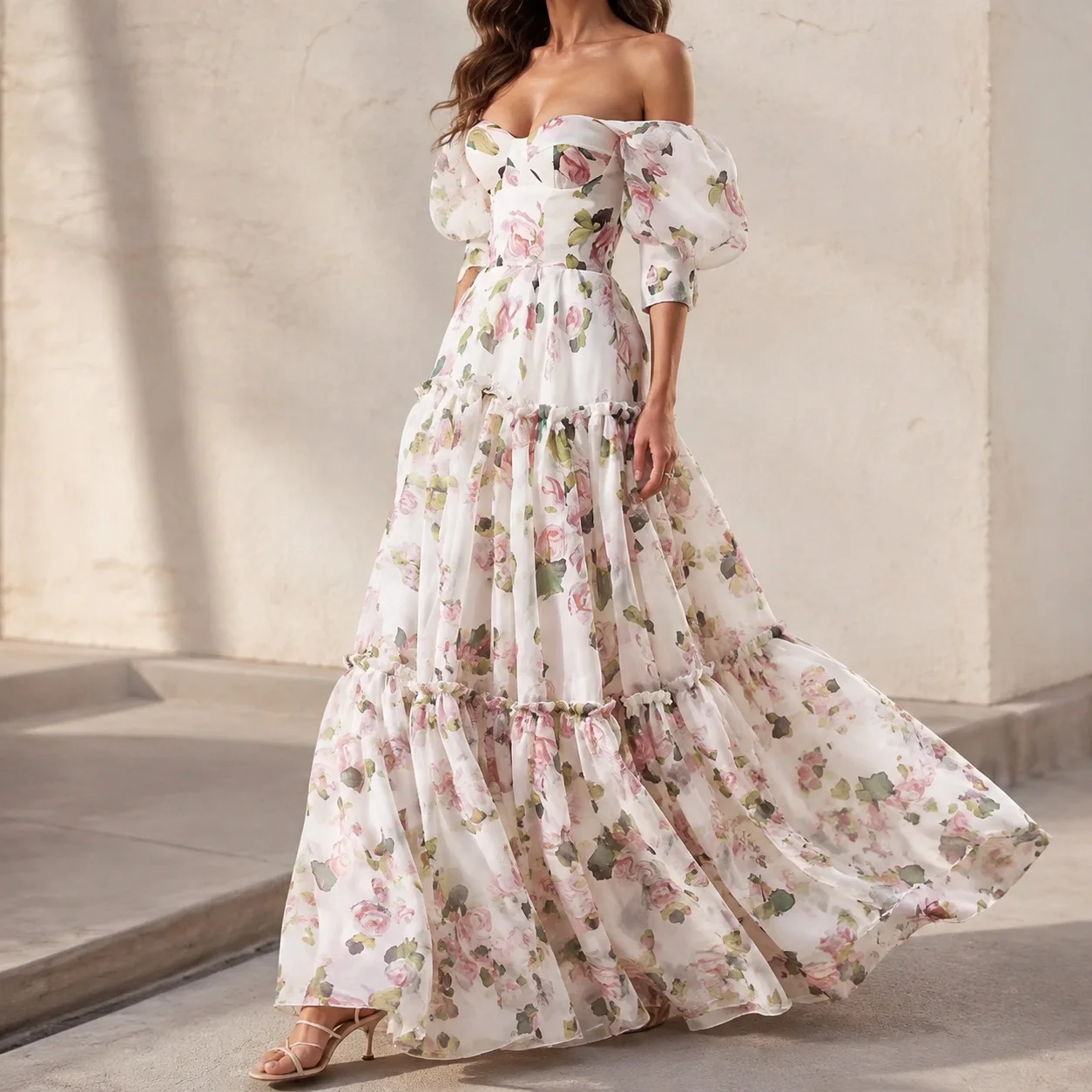 3D Single Gown Mid Waist Commute Style with Printed Strapless Square Neck Puff Sleeve 3D Effect Pattern Spring for Women