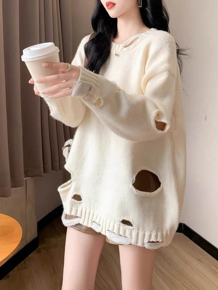 Hsa Y2K Knitted Sweater Women Winter Oversize Pullovers Female Vintage Harajuku Ripped Jumper Ladies Hip Hop Sweater Streetwear