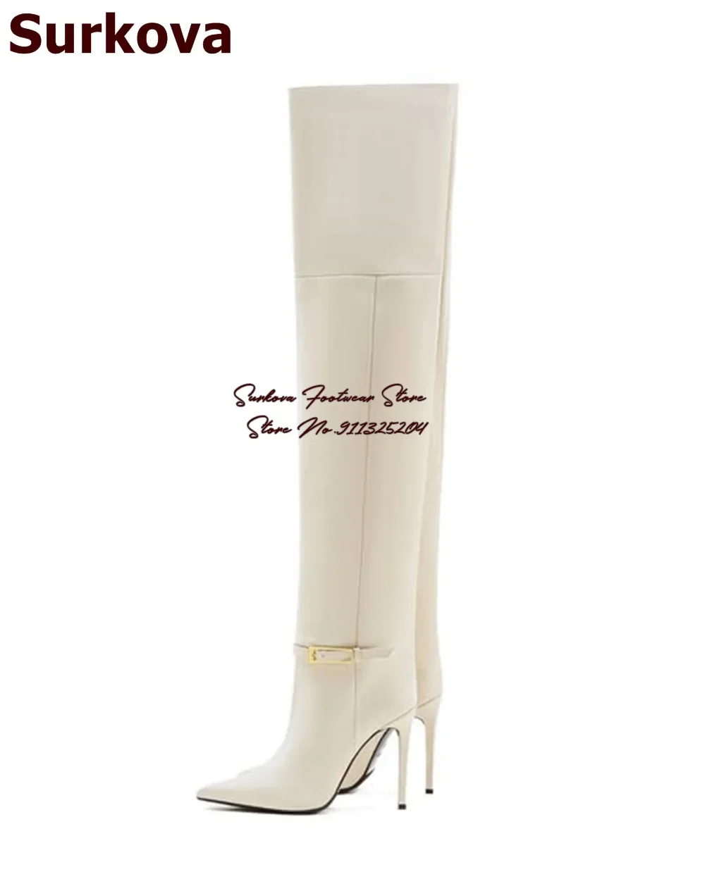 Surkova Dark Brown Coffee Matte Leather Thigh High Boots Stiletto Heels Ankle Gold Metal Buckle Belt Over The Knee Super Boots