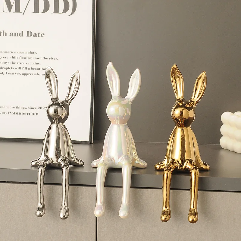 1PCS Ceramic Long-Eared Sitting Rabbit Room Ornaments Statue Luxury Home Decoration Accessories High-End Home Art Aesthetics