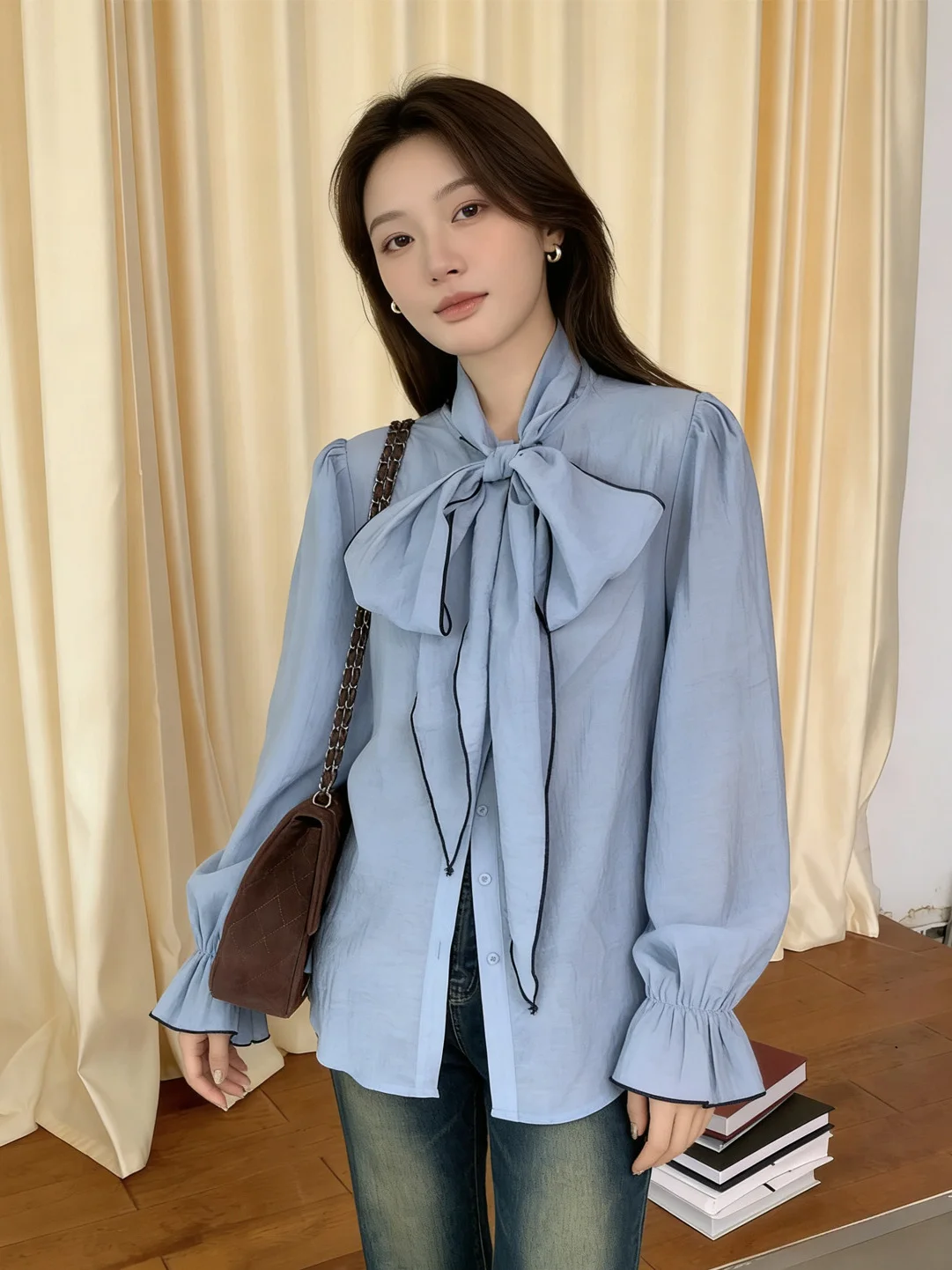 

Elegant Blue Shirt with Bowtie And Flared Sleeves for Women Spring 2026 Fashion French Style Polyester Fiber Long Sleeve Blouse
