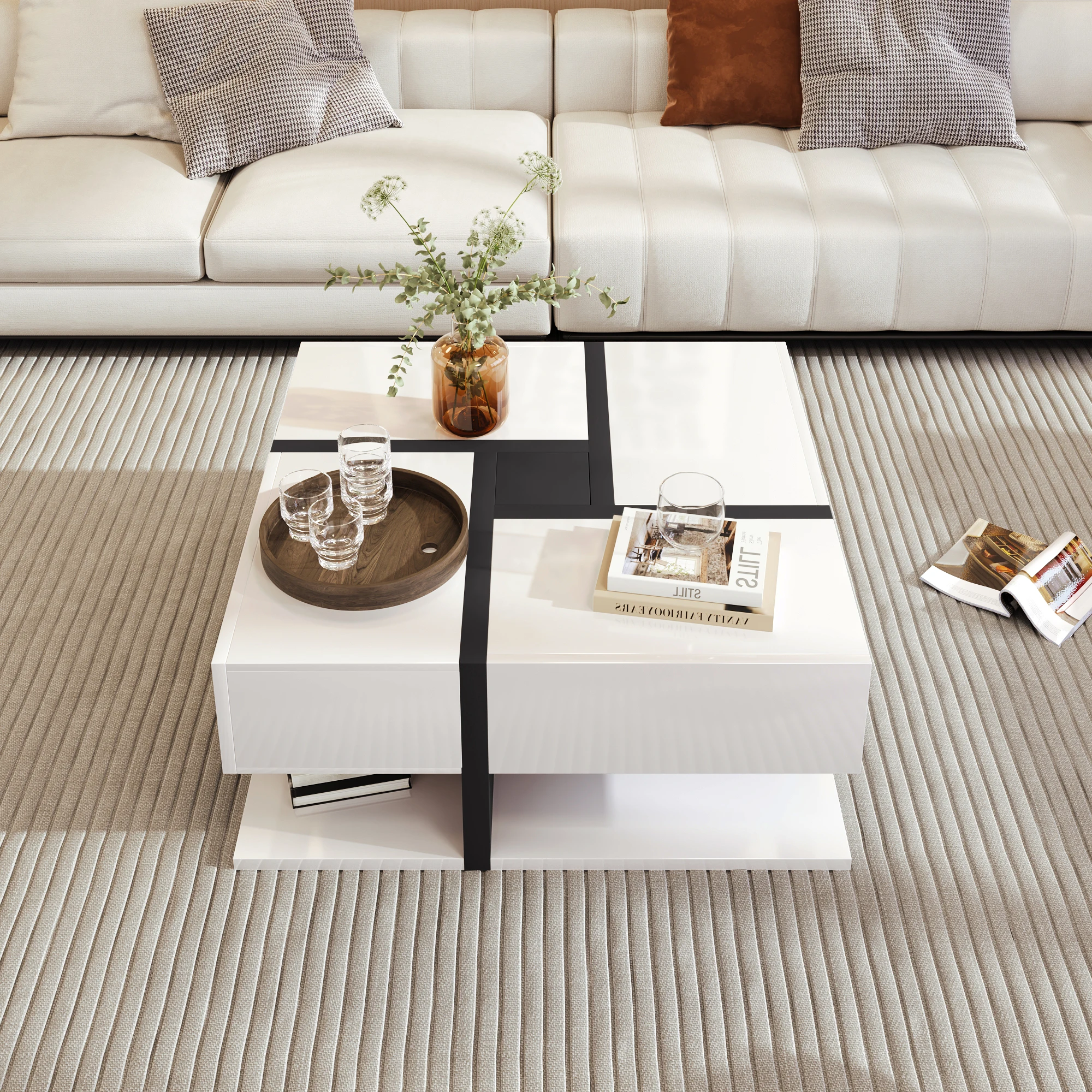 Mesa de centro con 4 cajones, diseño de línea y color único, espacio de almacenamiento inferior 78x78x36cm