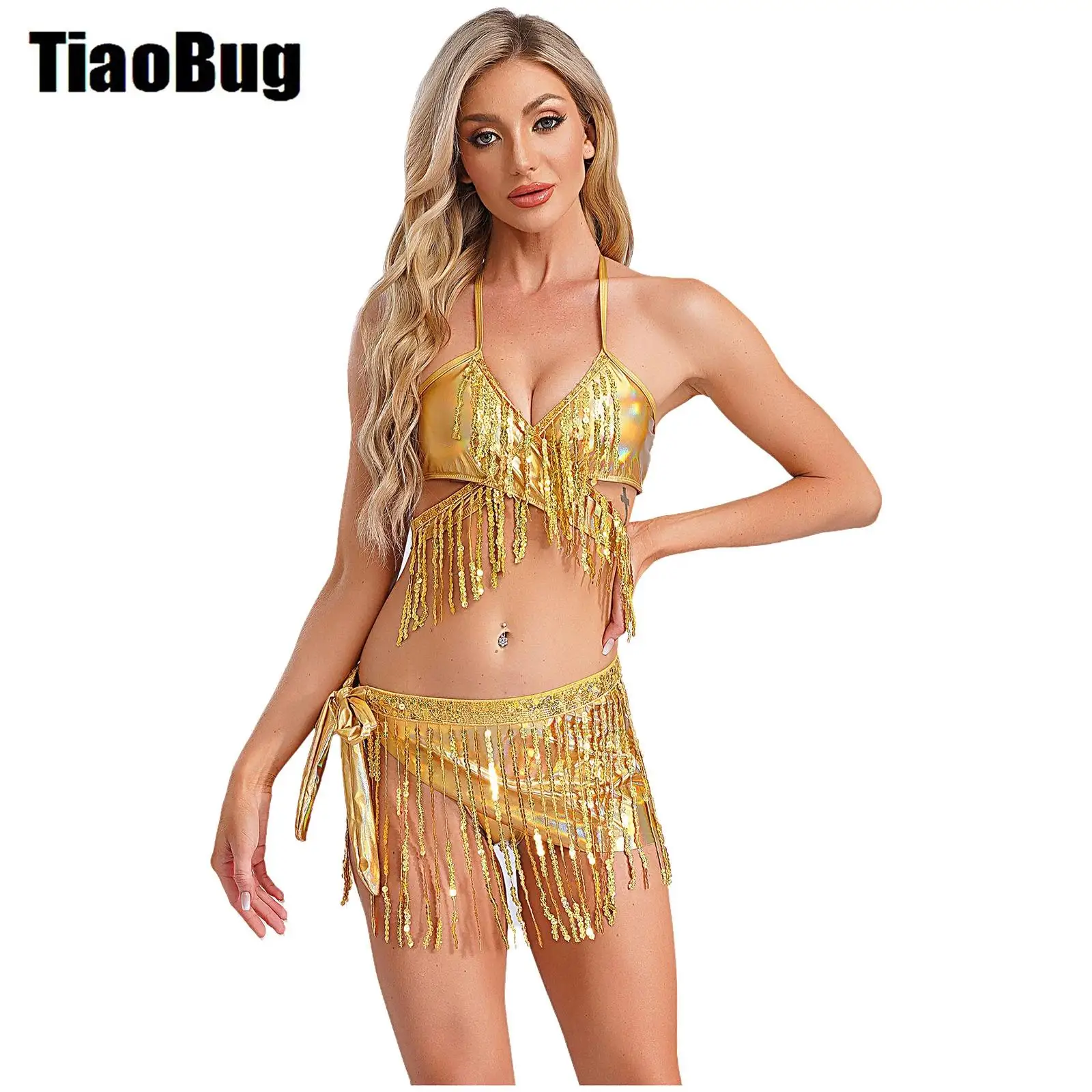 

Womens Sequins Dance Outfits Metallic Tassels Dancewear Removable Padded Bra Crop Top with Lace-up Hip Skirt And Thong