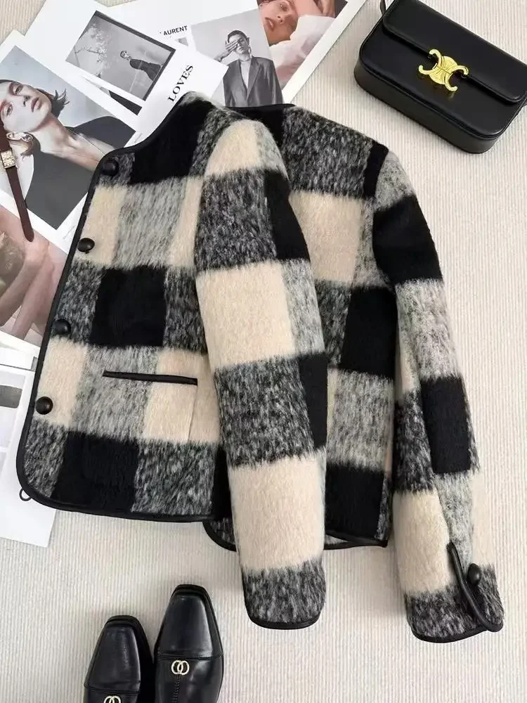 Dicker, kleiner, duftender Stil, Jacke für Damen, neuer kariertes Woll-Kurzmantel, Herbst-Winter, Damenjacke mit einreihiger Knopfleiste, junger Hals, Jacken – Detail 5