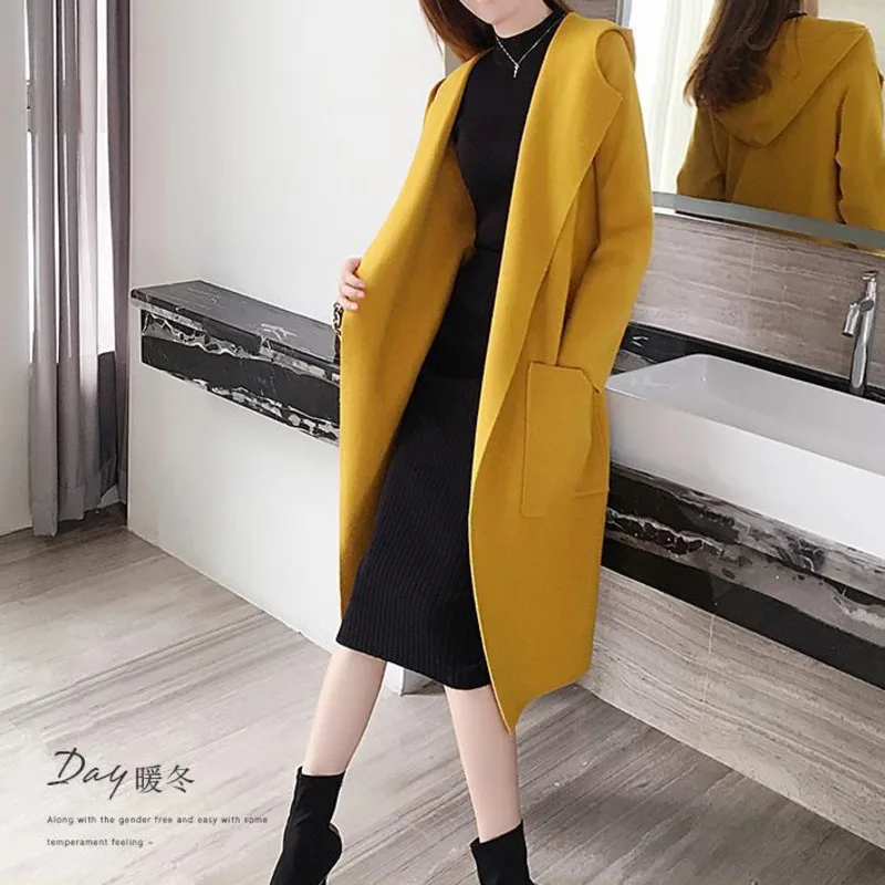 Yellow Knitted Cardigan Women Clothing Hooded Long Sweater Coat 2022 Autumn Winter Korean Fashion Loose Pocket Sueters De Mujer