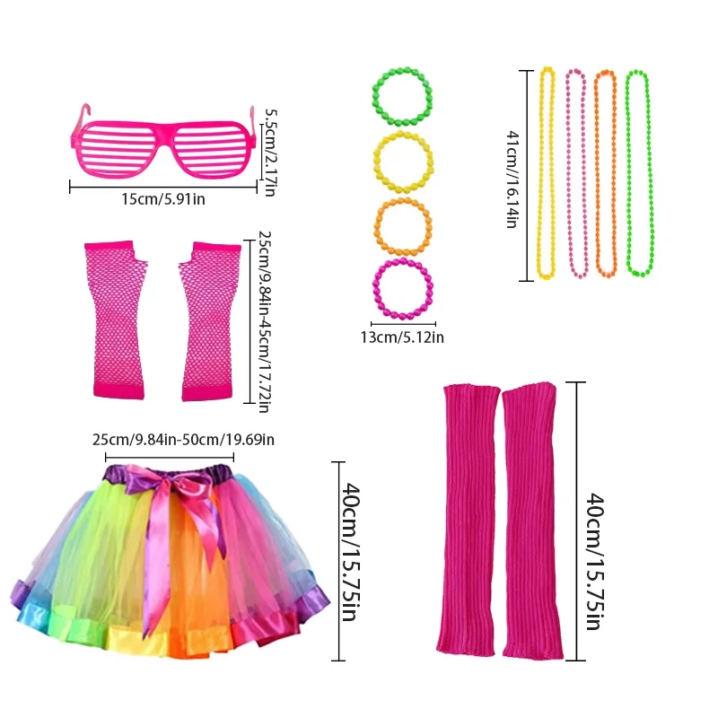 PESENAR 80s Costume Accessories 1980s Fancy Outfits and Tutu Set for 80s Retro Theme Cosplay Party for Girl