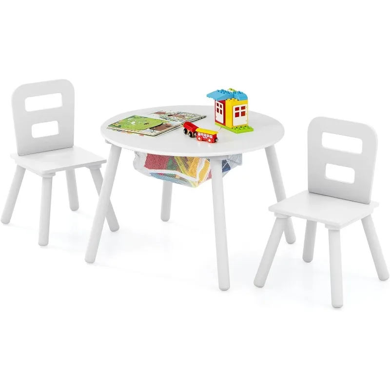 

Kids Table and Chair Set, White Wooden Activity Table with Storage and 2 Chairs for Arts Crafts Snack Time