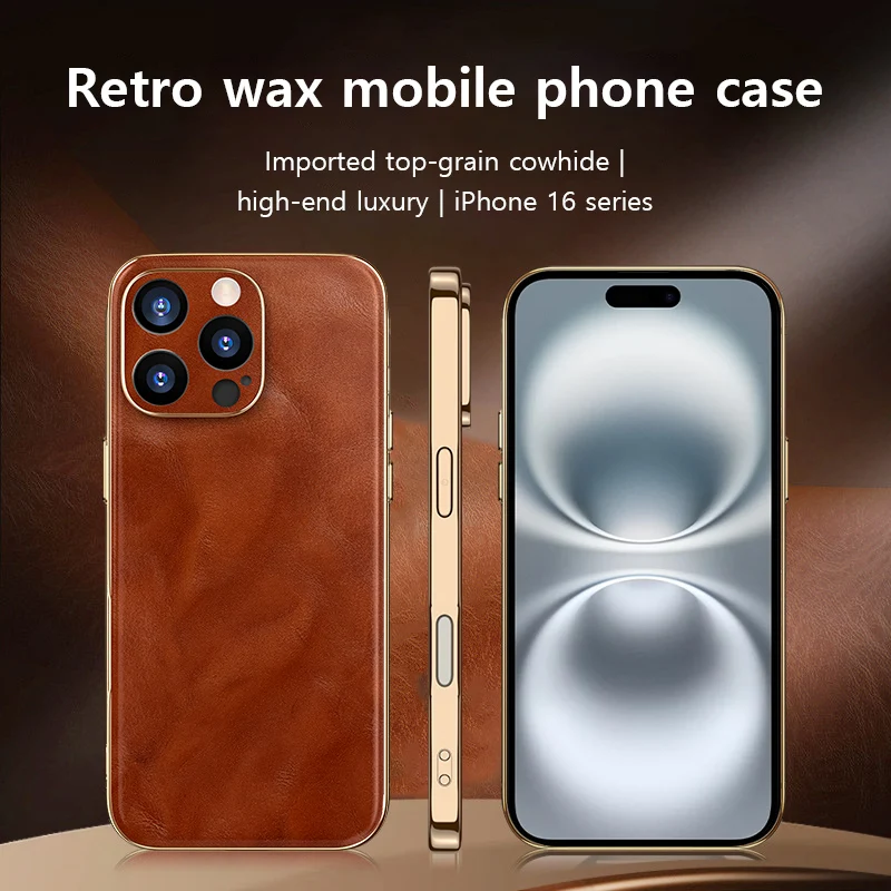 

Genuine Oil Wax Leather Phone Case for iPhone 16 Pro Max 16 Plus 16pro Luxury Soft Edges Shockproof Camera Protection Cover