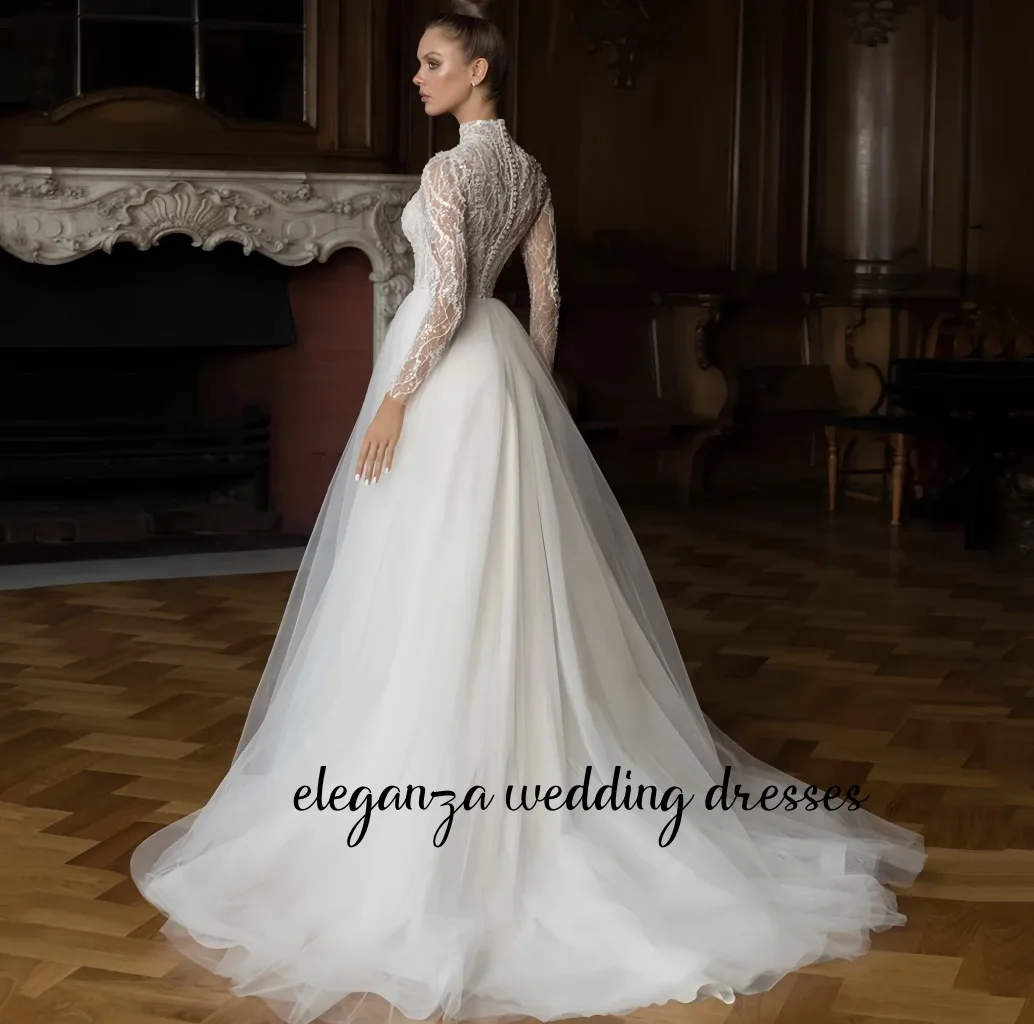 Кружевное свадебное платье с бисером по индивидуальному заказу, с высоким воротом, трапециевидной формы, из тюля, длиной до пола, с длинными рукавами, иллюзия, Vestidos De Novia 2025