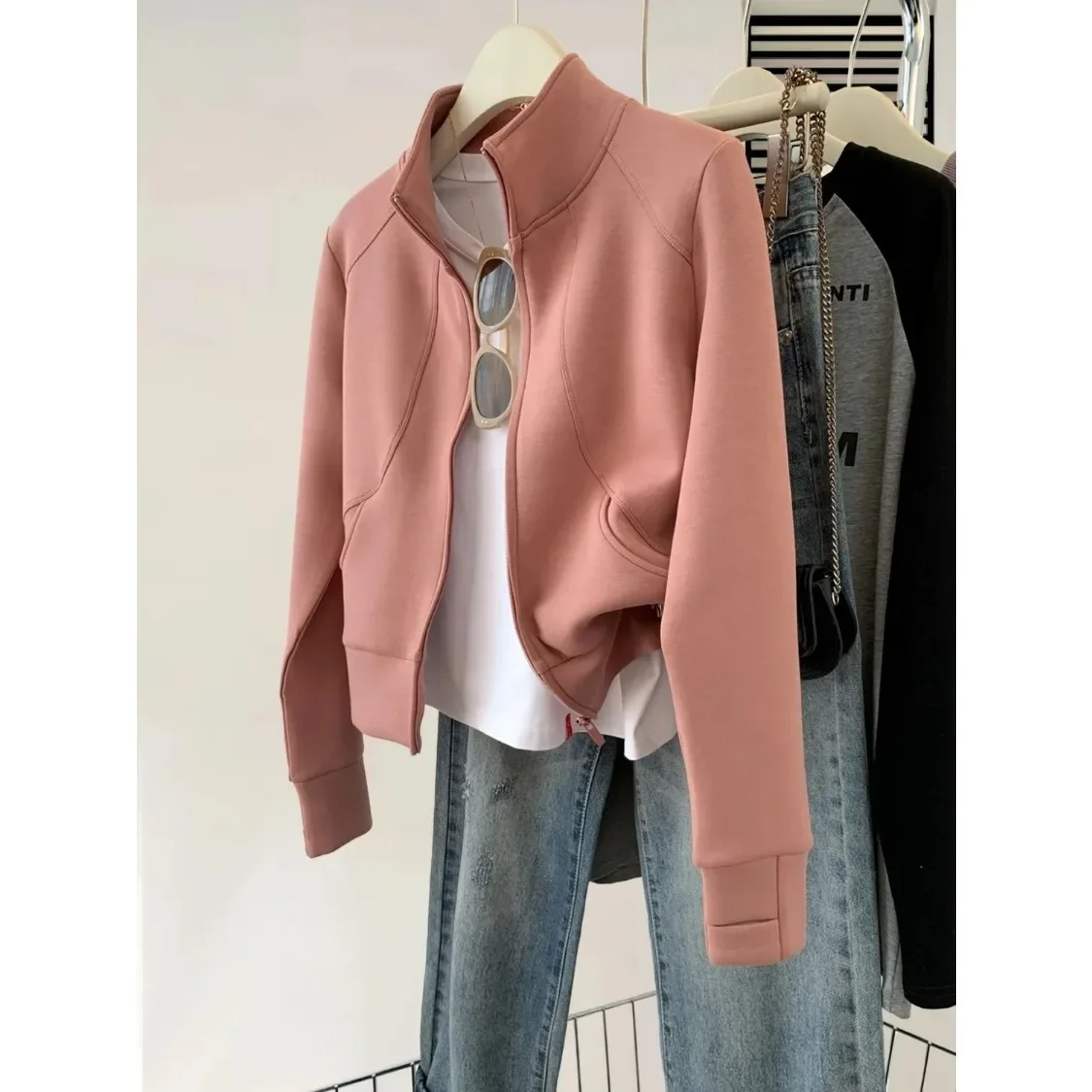 Large Standing Neck Zippered Cardigan Long Sleeved Hoodie Jacket Women Ins Loose and Versatile Top for Spring and Autumn Seasons