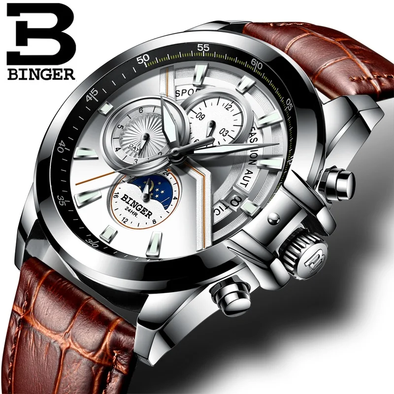 Binger Top Brand For Men Business Automatic Wristwatches Sports Mechanical Coated Glass Moon Phase Chronograph Relogio Masculino