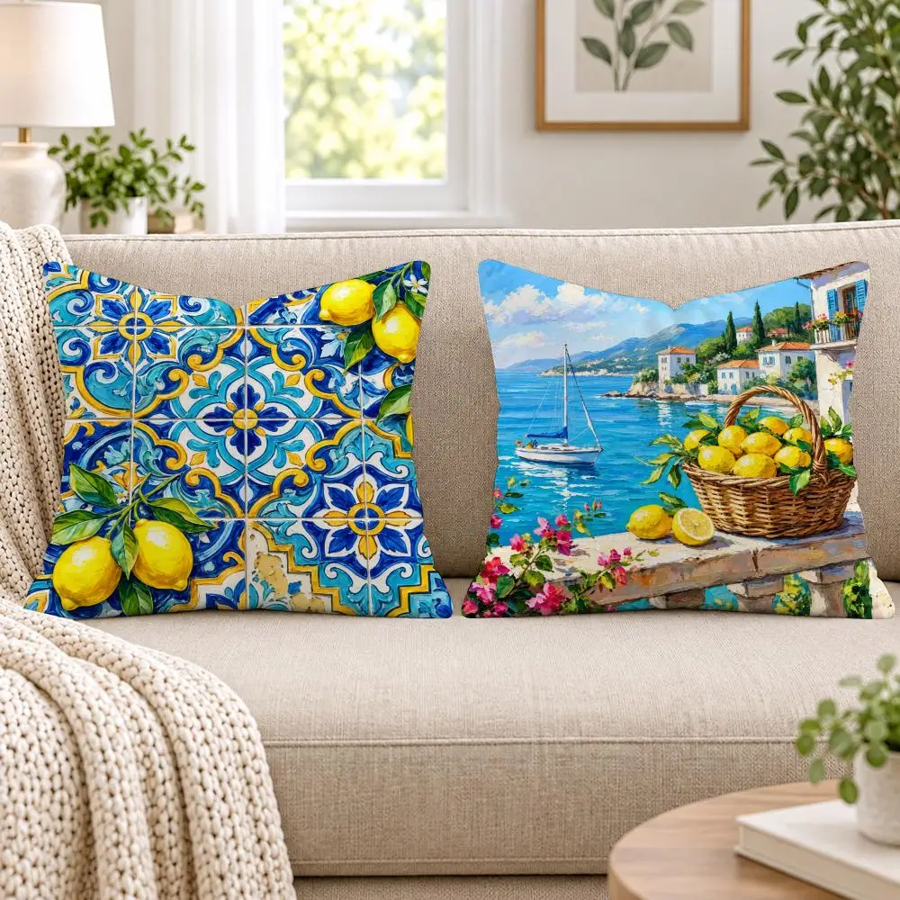Amalfi Coast Mediterranean Lemon Cushion Cover Soft Short Plush Pillow Cases Hidden Zipper Cutecore Sofa Bedroom Home Decor Gift