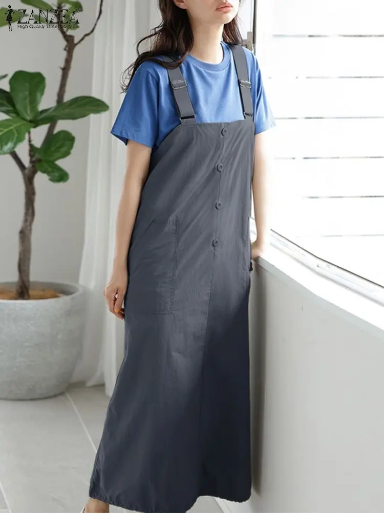 ZANZEA Streetwear Suspender Skirt Fashion Women Buttons Long Dresses 2024 Summer Oversized Pocket Overalls Casual Loose Sundress