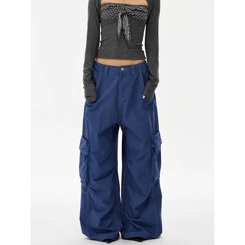 American Style Vintage Multi-Pocket Work Pants Loose Wide Leg Floor-Length Street Dance Style Women's Casual Trousers