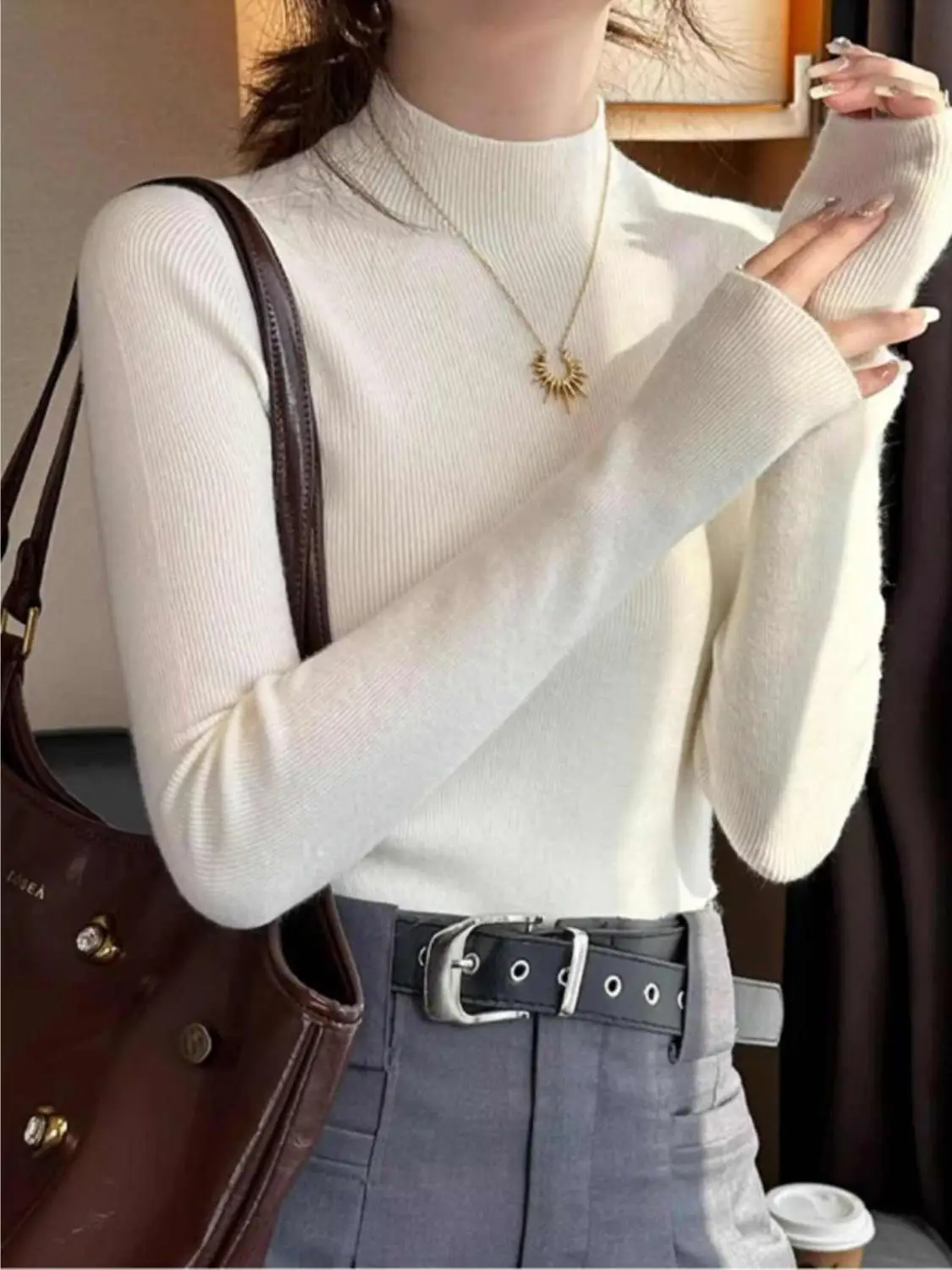 

Spicy Girl Base irt Women's Autumn Winter New Sl Inteated High-End Feel f High Collar Medium Ne Top