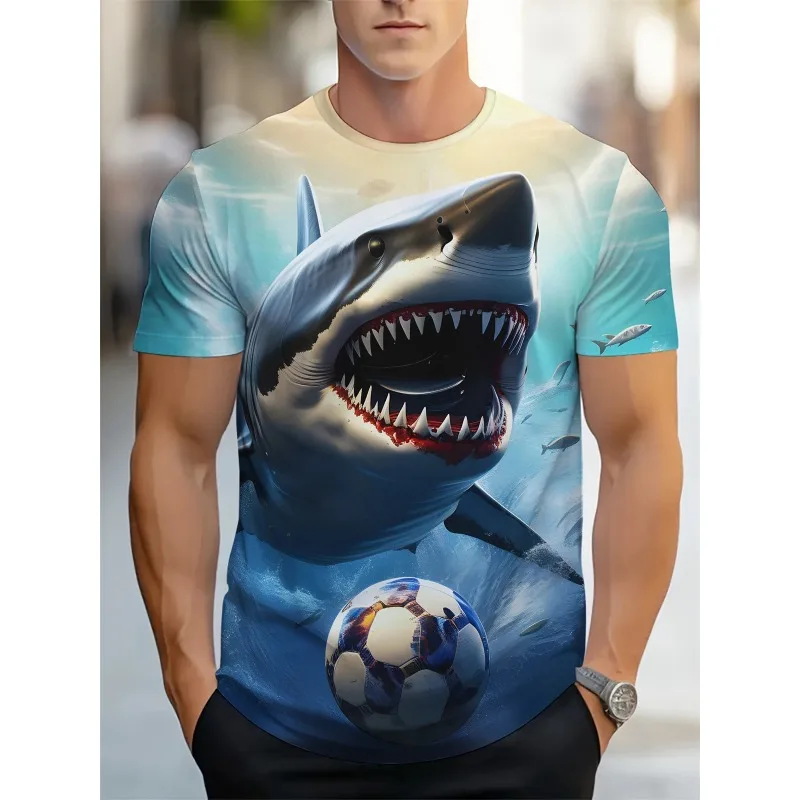 Men's Summer Round Neck Clothes Short Sleeve Sports Shirt Fashion 3D Shark Soccer Ball Pattern T-Shirts Oversized Men's T-Shirt