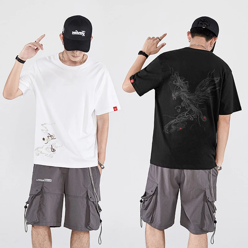 Hip Hop Tshirt 2024 Men Embroidery Phoenix T Shirt Streetwear Harajuku Summer Short Sleeve T-Shirt Cotton Tops Tees