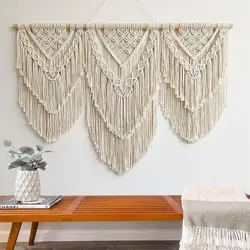 Handwoven Macrame Tassel Pendant Wall Hanging  Tapestry  with  Wooden Stick Hand-Woven Bohemia Tassel Curtain Tapest