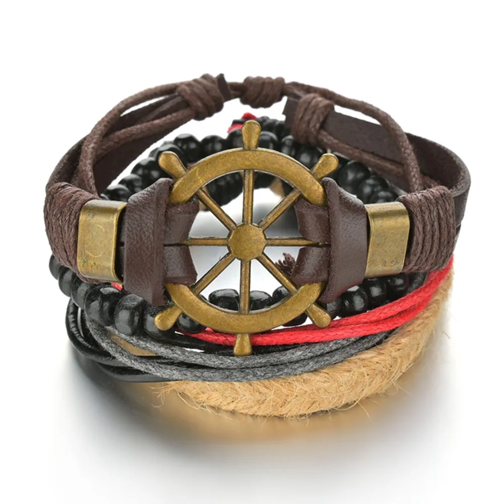4Pcs/ Set Braided Wrap Leather Bracelets for Men Vintage Steering Wheel Rudder Charm Wood Beads Ethnic Tribal Wristbands Gift