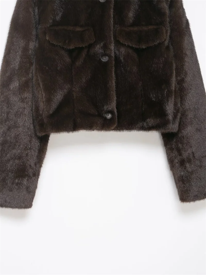 Women's Coat 2025 Winter New Deep Brown Long Sleeve Faux Fur Short Warm Jacket High-end Fashion Elegant and Stylish