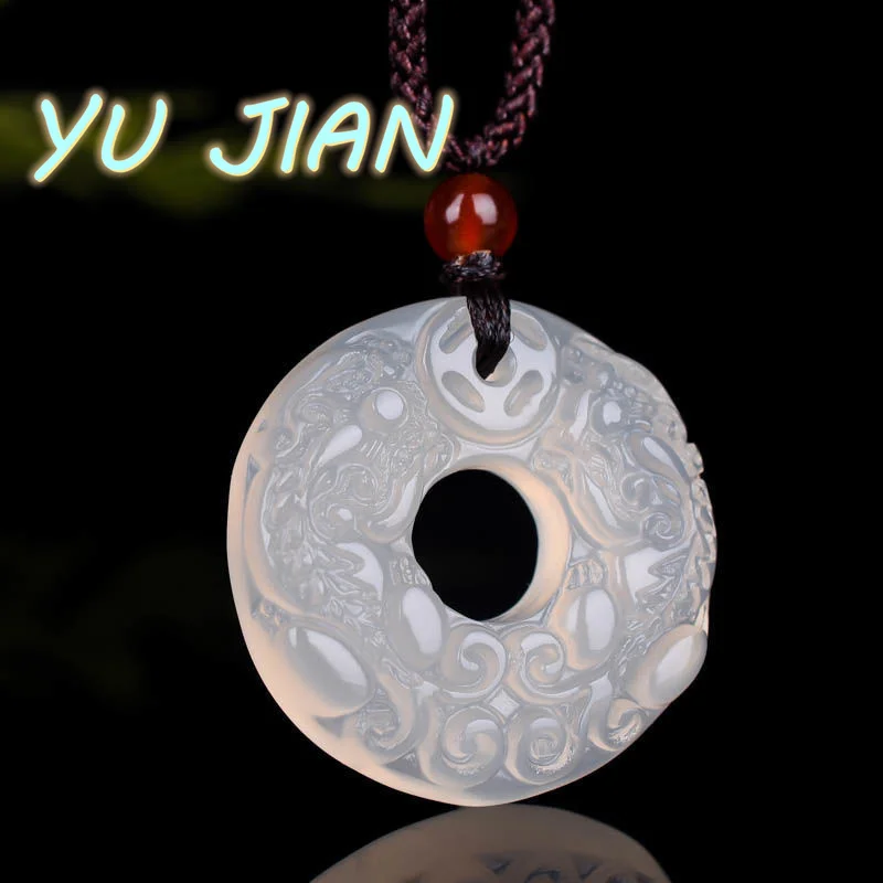 Natural  Chalcedony Pendant Necklace  Hand Carved Jade Agate Black Buckle Fashion Lovers Jewelry Gift Accessories