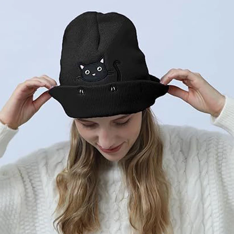 Women's embroidered knitted hat cute cat paw animal brimless hat