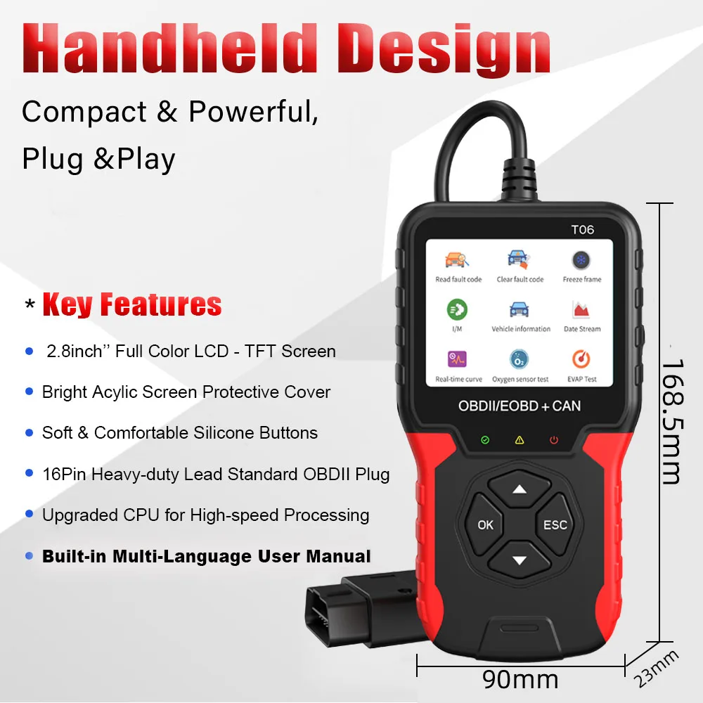 Code Reader T06 Battery Tester Auto Accessories Car Diagnostic Tool OBD2 Scanner Multi-language Support Check Engine System