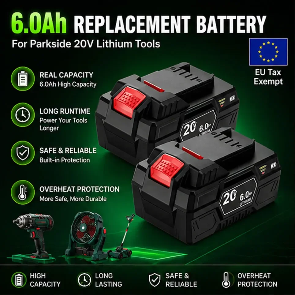 Batteria 20V 6Ah agli ioni di litio per utensili elettrici Parkside X-20V, ricambio per tosaerba/segatrici a catena/trapani, compatibile con PAP 20 B3/A3/PAPS 208 A1