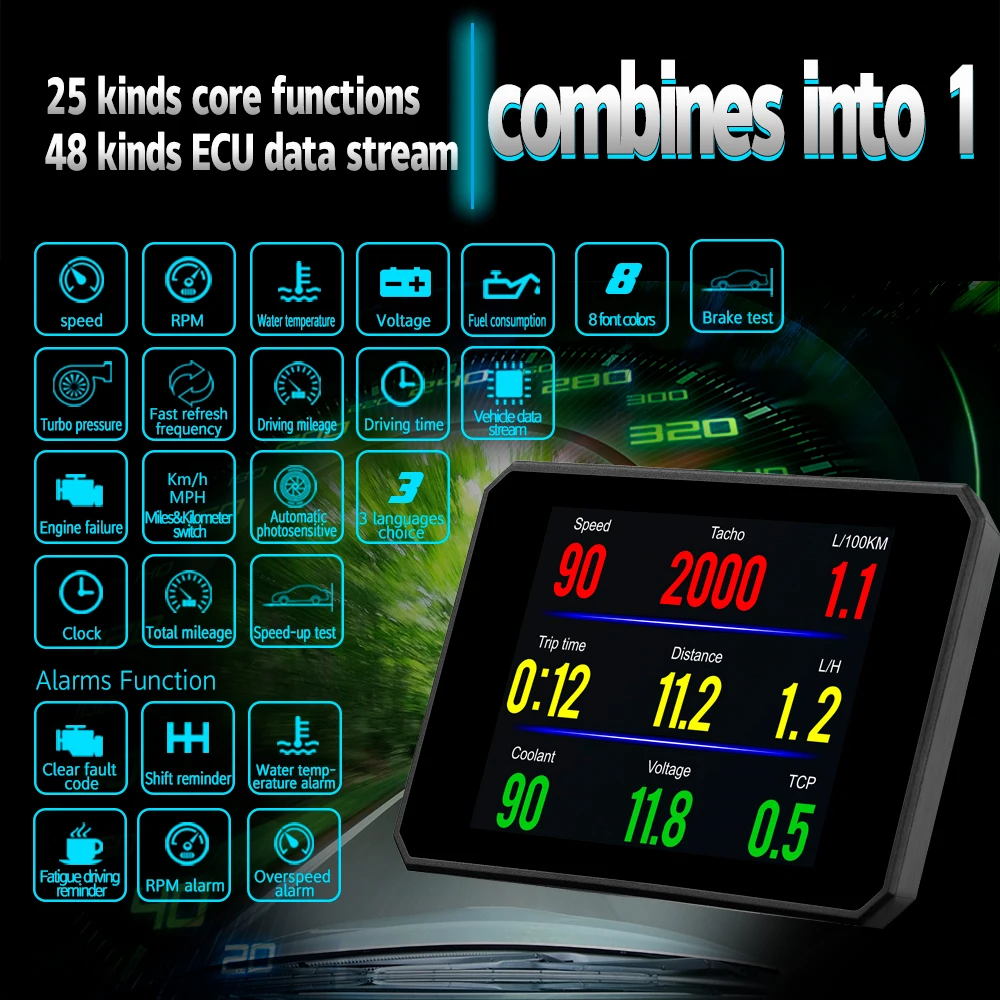 12V HUD Car Head Up Display Car Digital Speedometer Water Temp Fuel Consumption Security Alarm Auto On-board Computer P16