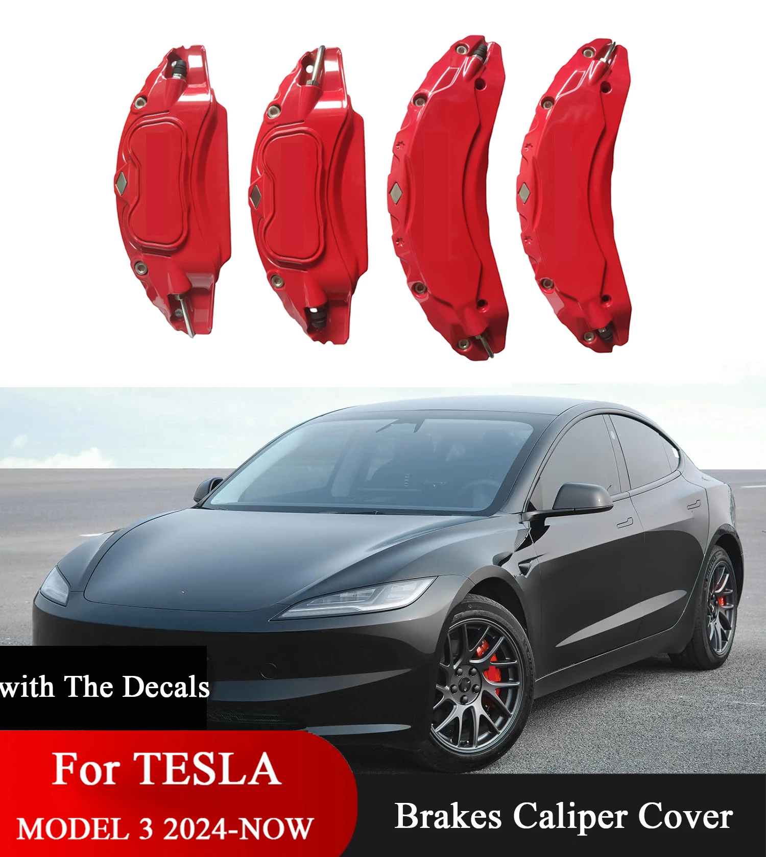 Brake Caliper Covers for Tesla Model 3 Highland 2024 2025 2026 Set of 4 18/19 inch Wheel Hub Aluminum With Vinyl Letter Decal