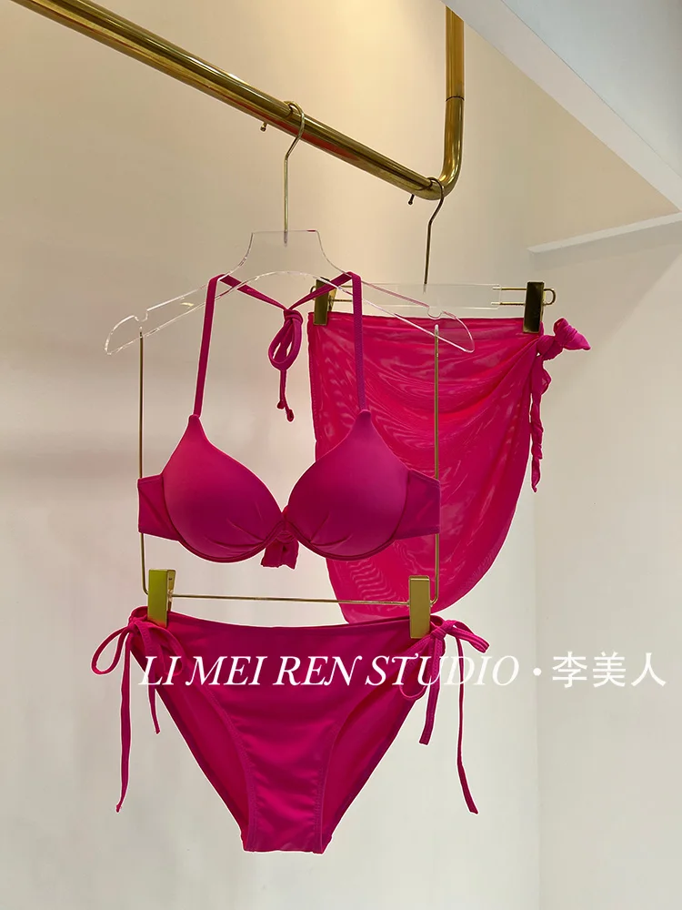 

Holiday rose red bikini three piece swimsuit women's steel holder gathered small chest sexy swimsuit