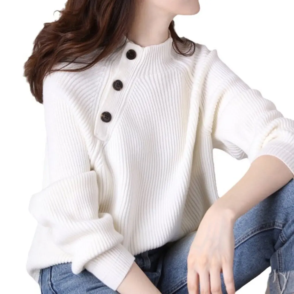 

Women's round Neck Knitwear Loose Fit Pullover Korean Style Fashionable Elegant Pure Color Side Button Autumn Winter Sweater