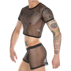 CLEVER MENMODE-Boxers Fishnet Transparente Set para Homens, Sexy Crop Tops, Lingerie Malha, T-Shirt, Oco Out Net, Clubwear brilho prateado