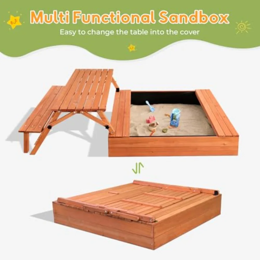 Sabbiera da esterno in legno Grande scatola di sabbia con coperchio Sabbiera con coperchio Regalo per 28 anni Tavolo da picnic pieghevole e rivestimento inferiore del sedile