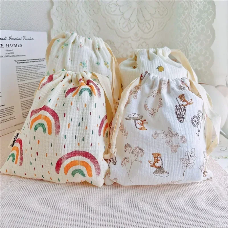 Natural Cotton Mommy Storage Bags Outdoor Baby Diaper Carrier Cute Sunshine Rainbow Printing Drawstring Pouches 27x25cm