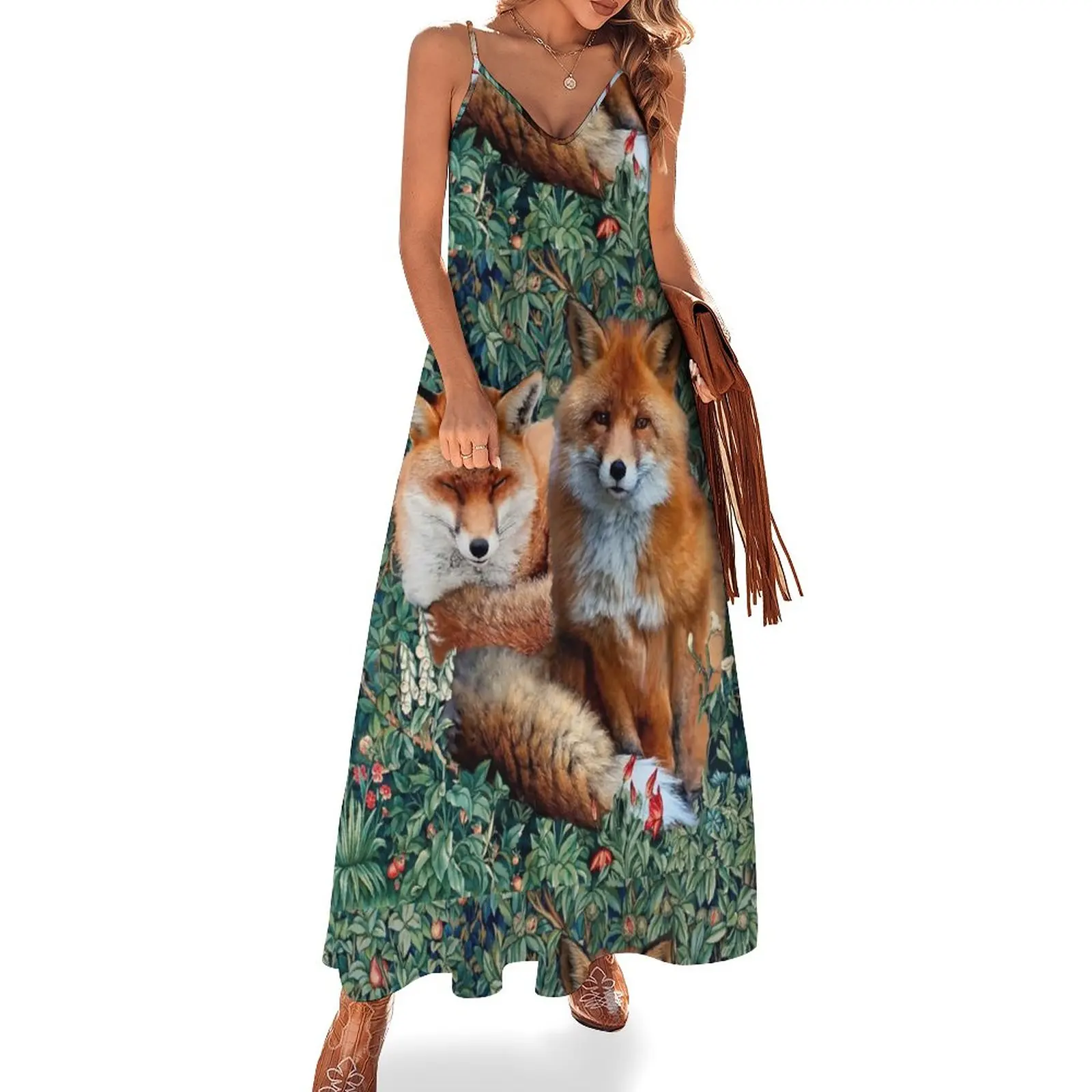 

New RED FOXES AMONG GREENERY, FOLIAGE AND FLOWERS Sleeveless Dress Women dresses summer Women's summer dress