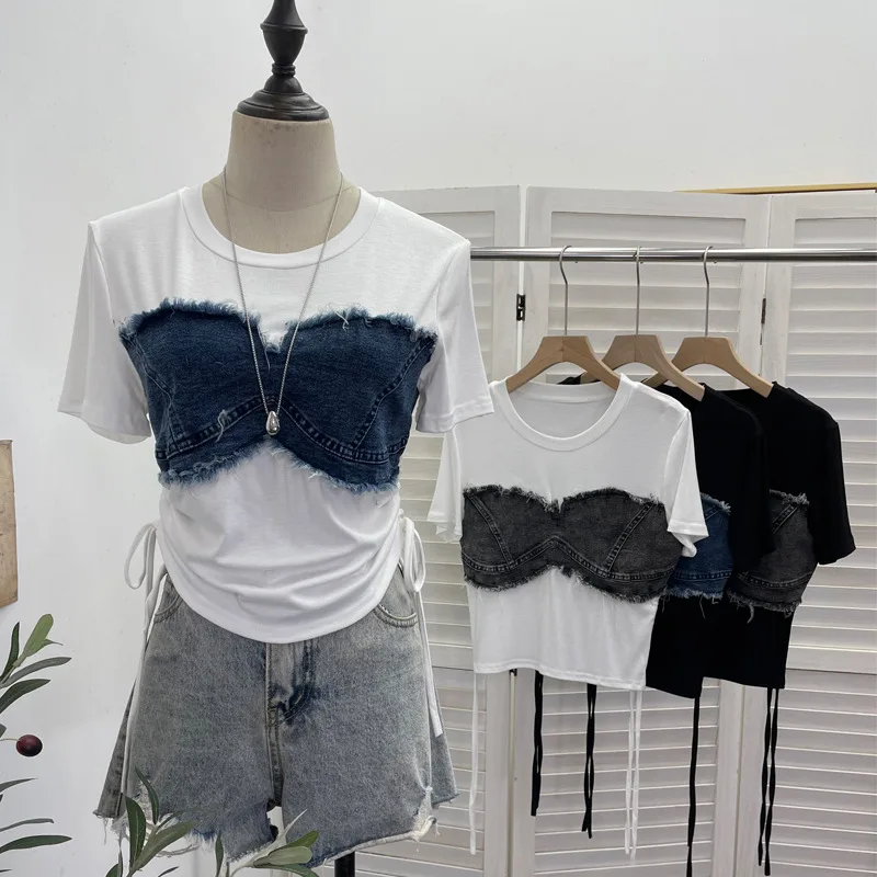 Fake Two Pieces Denim Rough Edge Splicing Short-sleeved T-shirt Side Waist Drawstring Lace-up Short Slim-fit Top