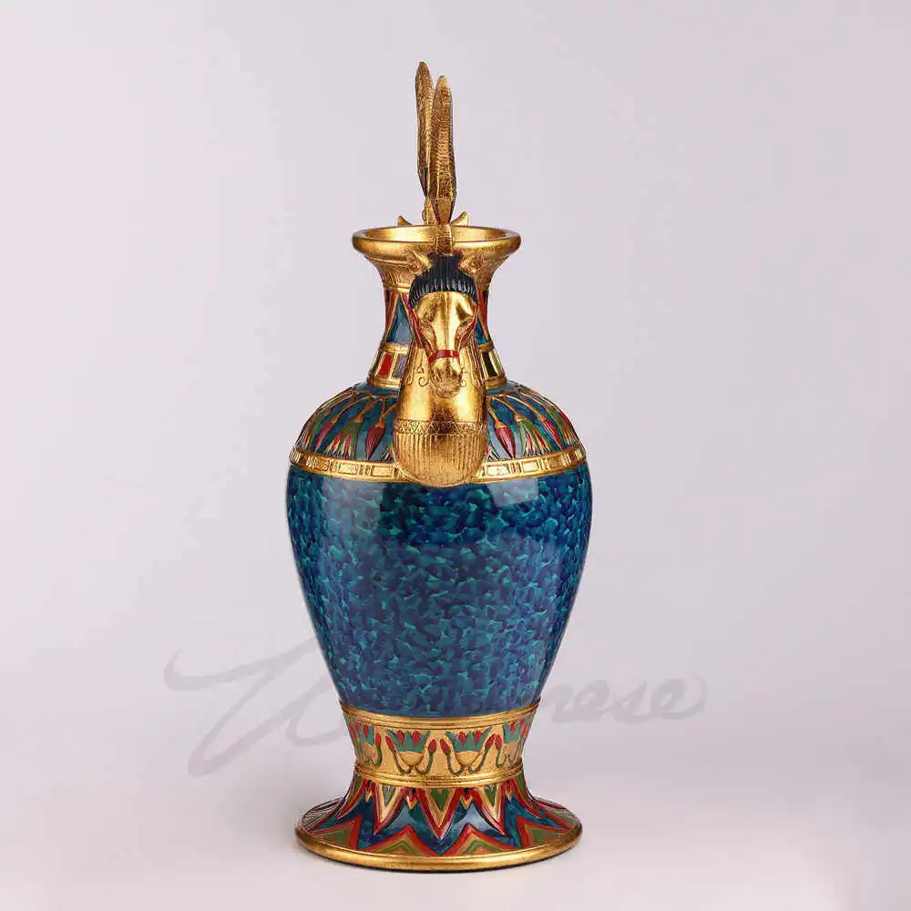Ancient Egyptian Style Vase Double Heads Falcon Urn Resin Craft Blue Gold Egyptology Decorative Ornament Gift for Home Office