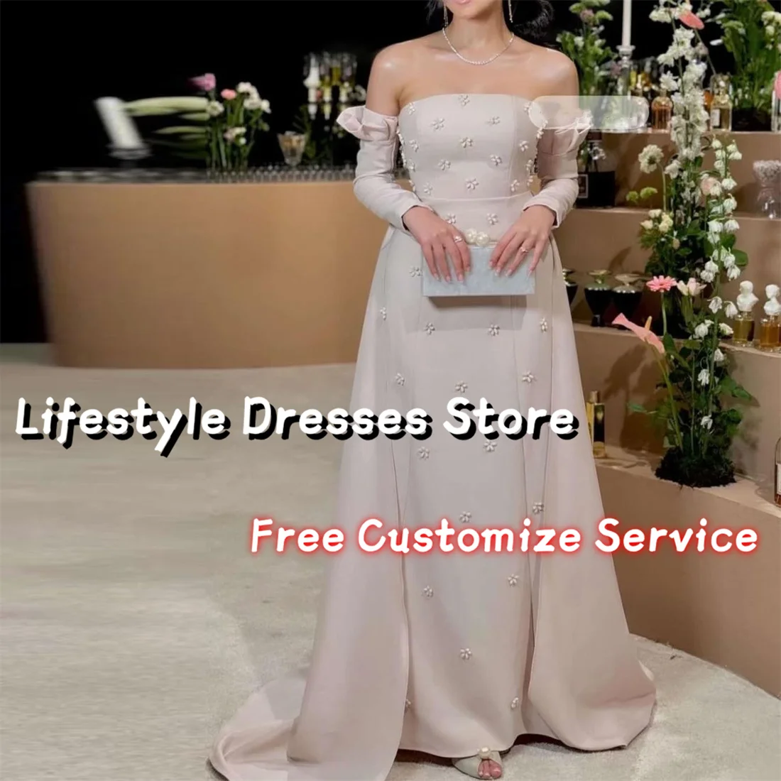 Customized Beads Prom Dresses Long Sleeves Gorgeous Evening Dress Back Tail Floor-Length Wedding Party Gown Formal Dress