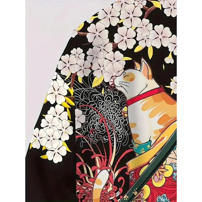 WU01 Flower Cat 3D Graphic Print Men's Spring Summer Shirt, Japanese Kimono, Retro Men's Casual Cardigan Top, Creative GiftJk5*！
